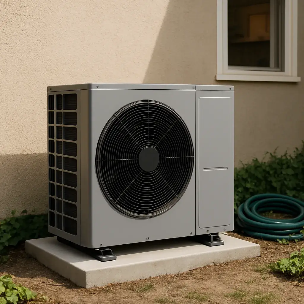 heat-pump-repair-completed-outdoor-unit-sunnyvale Repaired heat pump unit running quietly outside Sunnyvale home after service