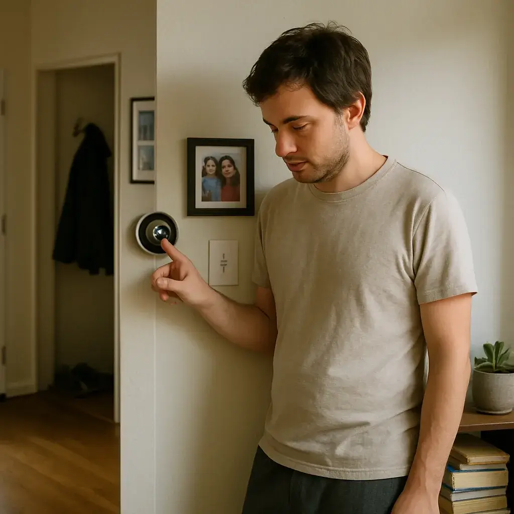 heat-pump-repair-homeowner-thermostat-check-sunnyvale Homeowner checking thermostat after heat pump repair in Sunnyvale living room