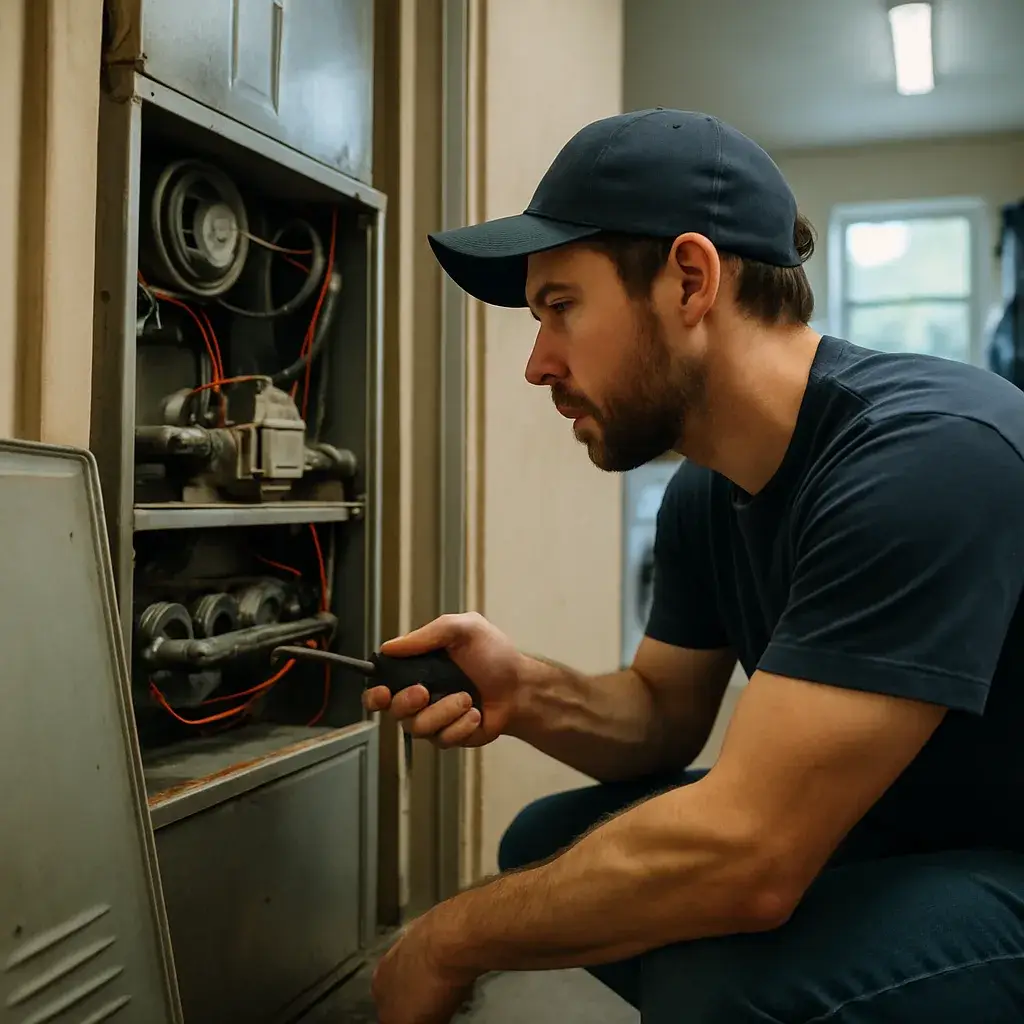 Technician performing heating tune-up on furnace in Sunnyvale home utility closet