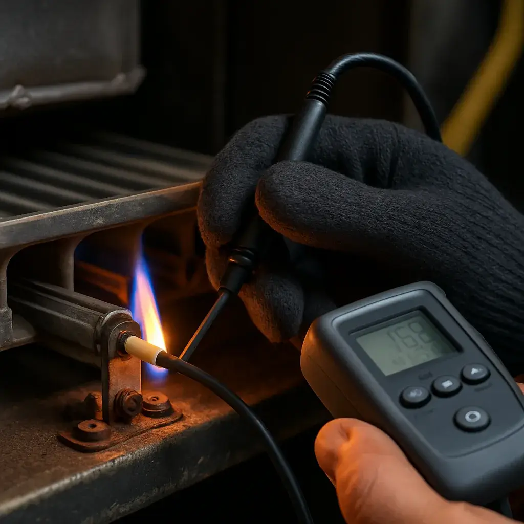 heating-tune-up-combustion-analyzer-flame-sensor-sunnyvale Close-up of combustion analyzer testing furnace flame during heating tune-up