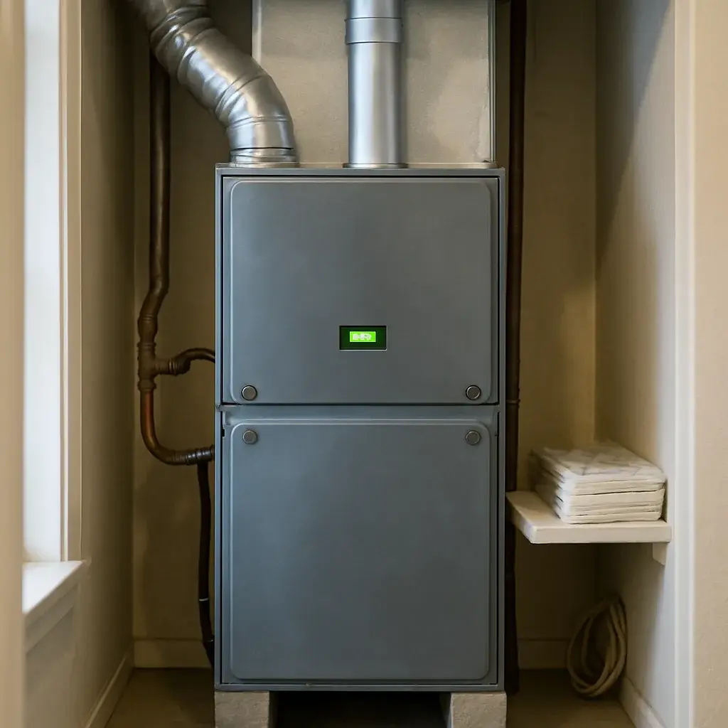 heating-tune-up-completed-furnace-sunnyvale Furnace reassembled and running after completed heating tune-up in Sunnyvale