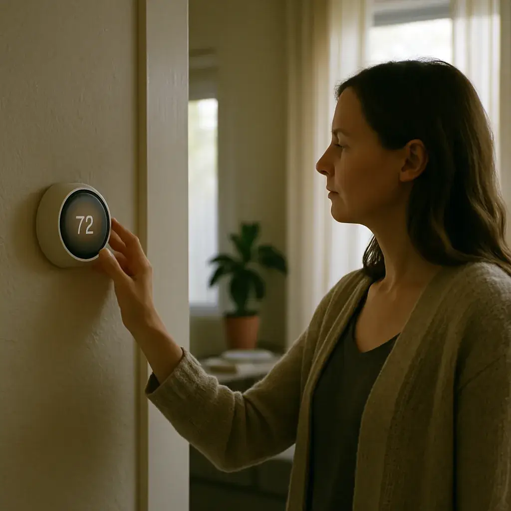 heating-tune-up-homeowner-thermostat-sunnyvale Homeowner adjusting thermostat after furnace heating tune-up in Sunnyvale house