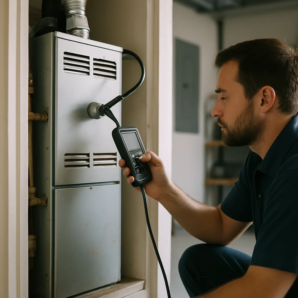 Technician inspecting furnace with combustion analyzer during heating system inspection in Sunnyvale