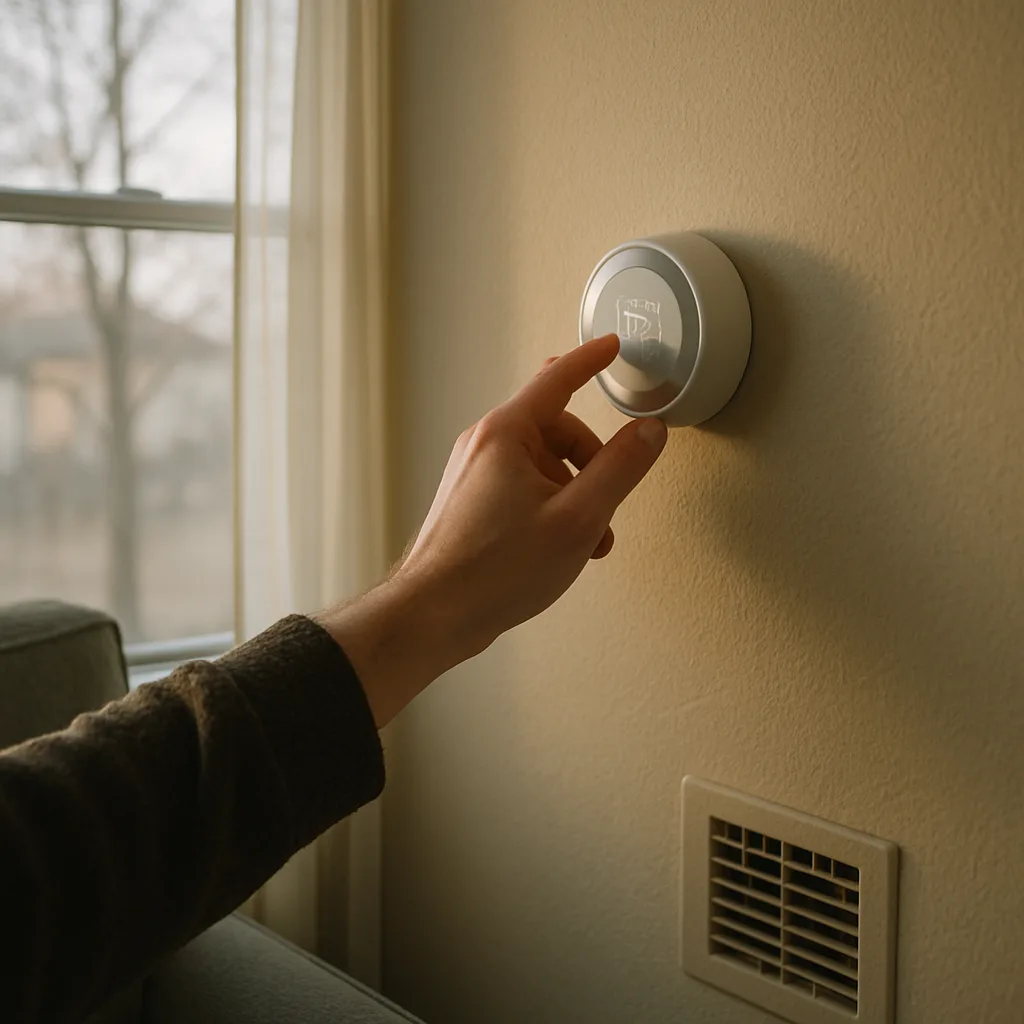 heating-system-inspection-thermostat-homeowner-sunnyvale Homeowner adjusting thermostat before scheduling heating system inspection in Sunnyvale