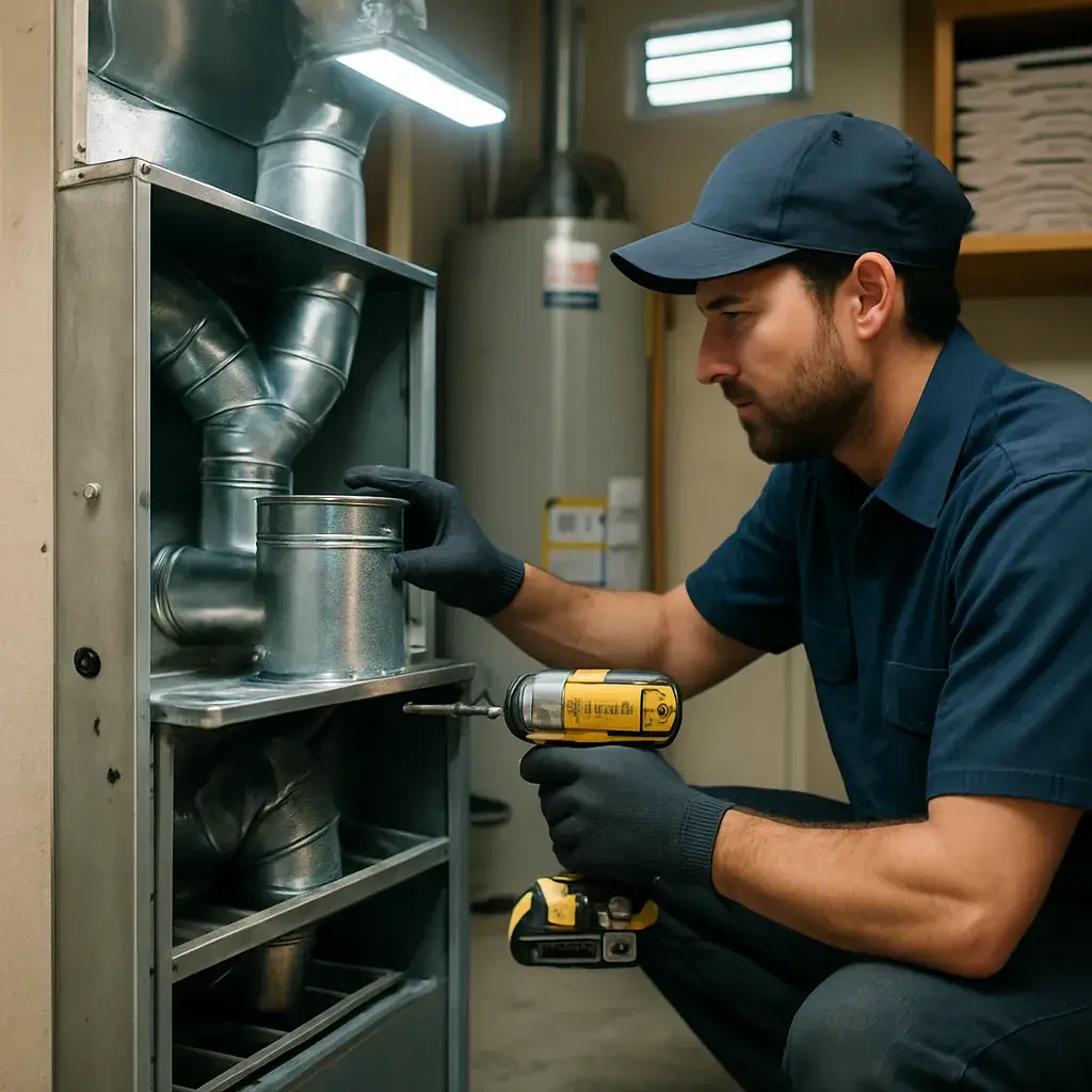 Technician installing new furnace flue collar during heating system installation in Sunnyvale home