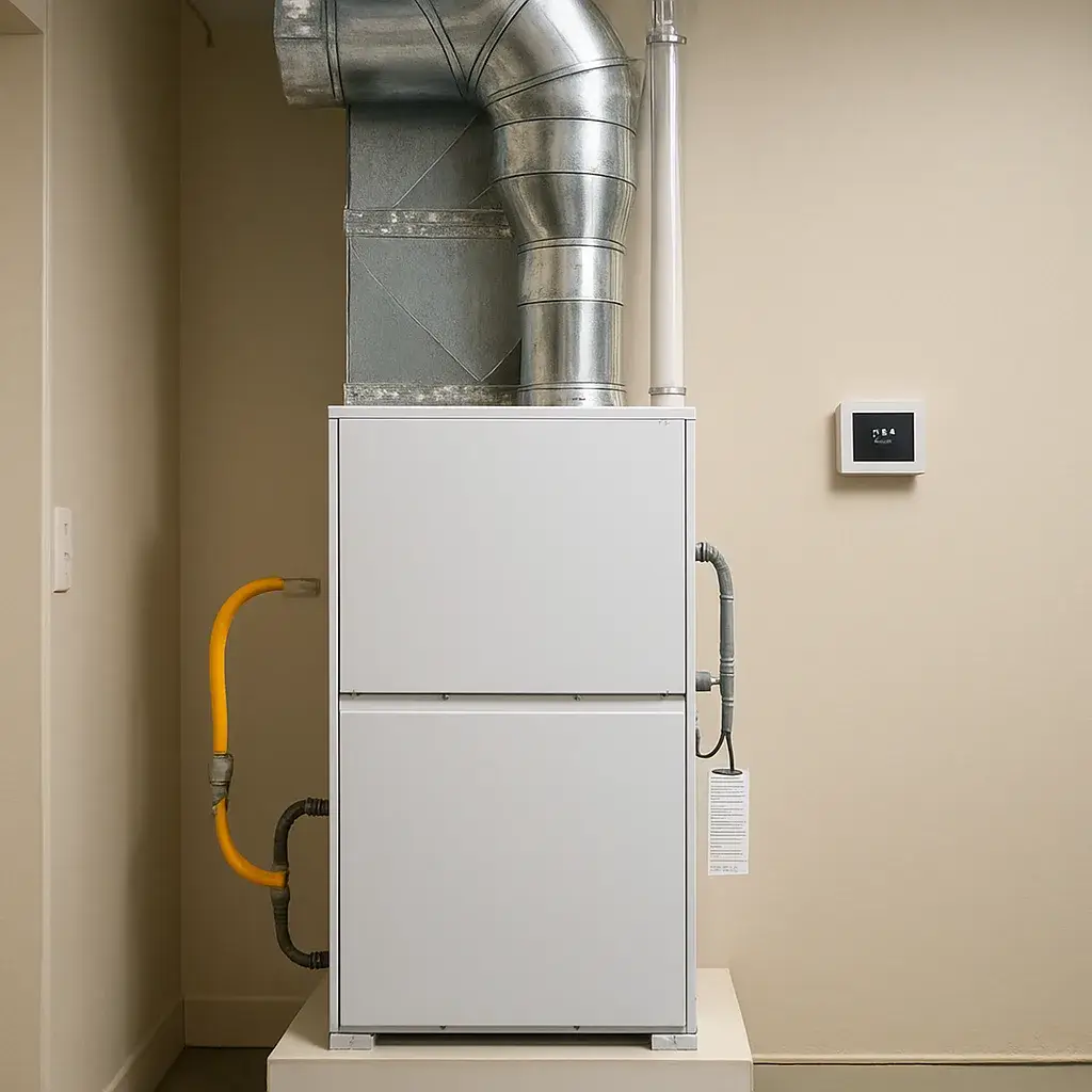 completed-heating-system-installation-utility-room-sunnyvale Completed heating system installation with new furnace and ductwork in Sunnyvale home utility room