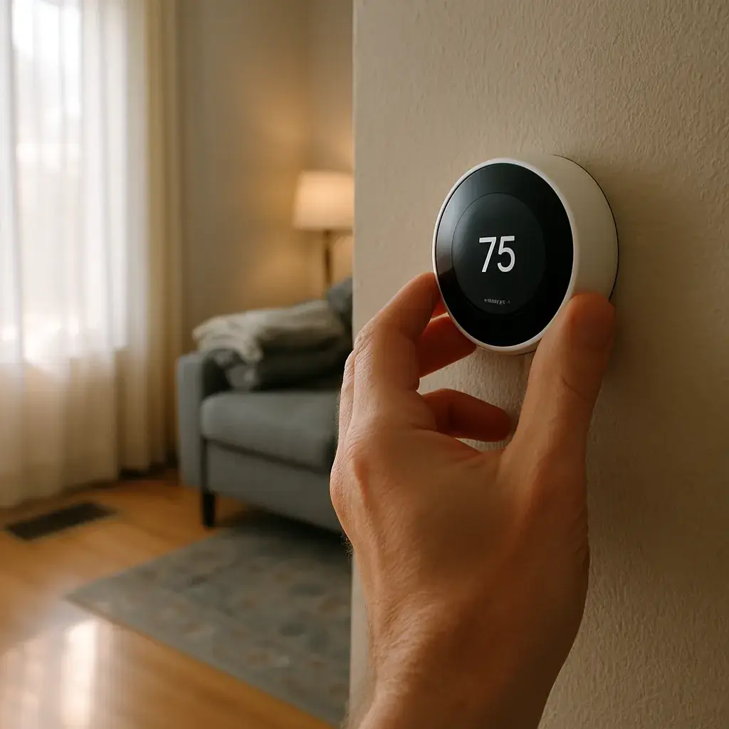 homeowner-thermostat-cold-home-sunnyvale Homeowner adjusting thermostat in Sunnyvale living room needing heating system installation