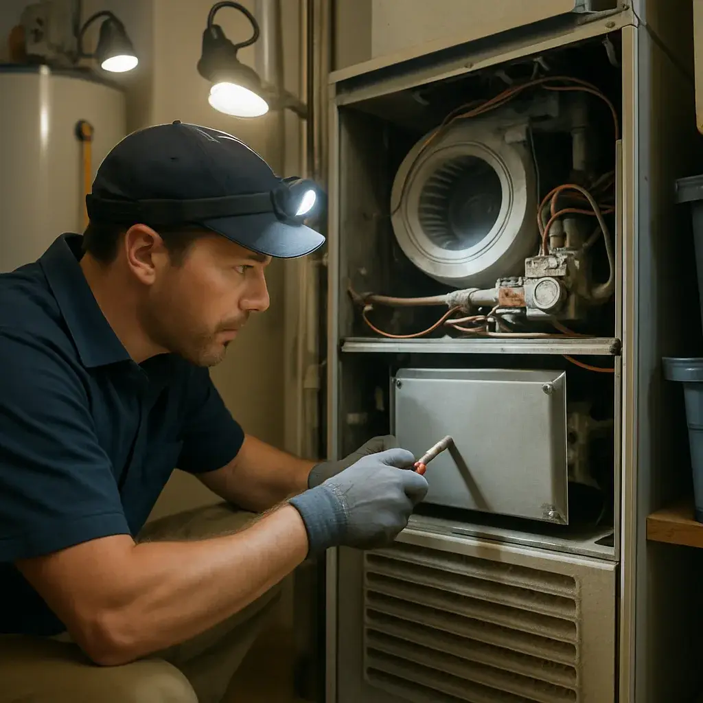 Technician inspecting furnace blower panel during heating maintenance visit in Sunnyvale home