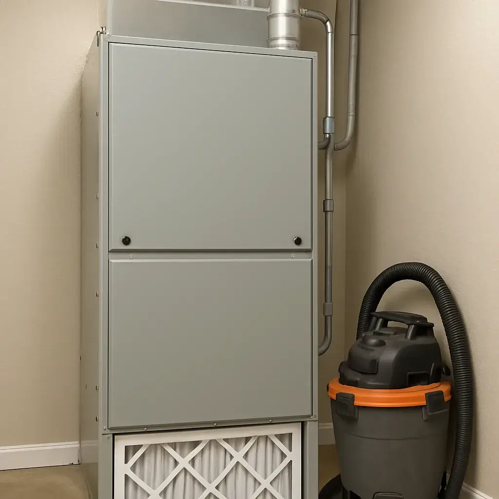 heating-maintenance-completed-furnace-filter-sunnyvale Clean furnace with new filter after completed heating maintenance service in Sunnyvale