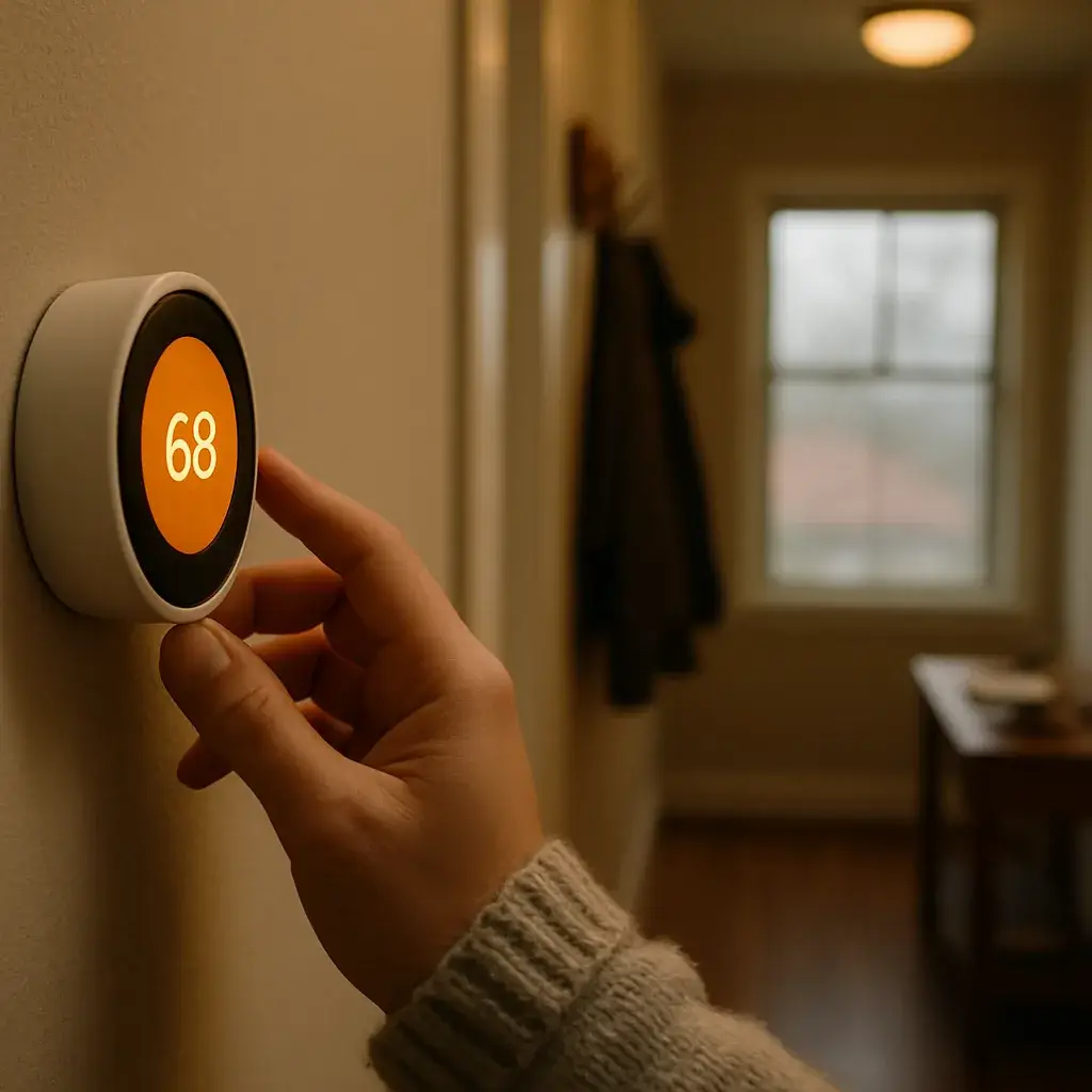 heating-maintenance-homeowner-thermostat-check-sunnyvale Homeowner checking thermostat on a cool fall morning in a Sunnyvale house hallway