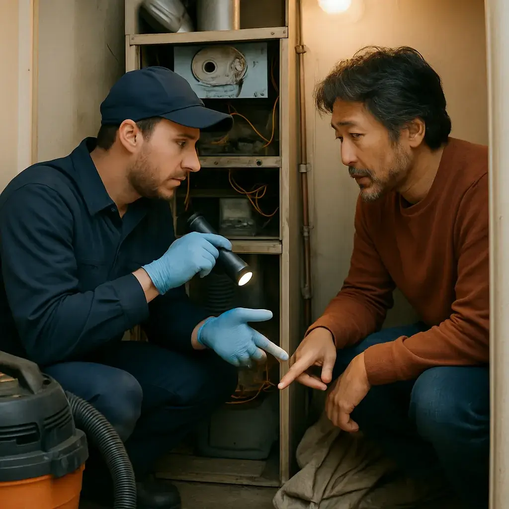 Technician and homeowner review furnace repair cost factors during heating system repair visit