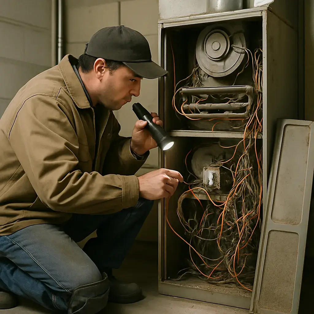 Technician diagnosing a no-heat furnace ignitor problem in Sunnyvale home