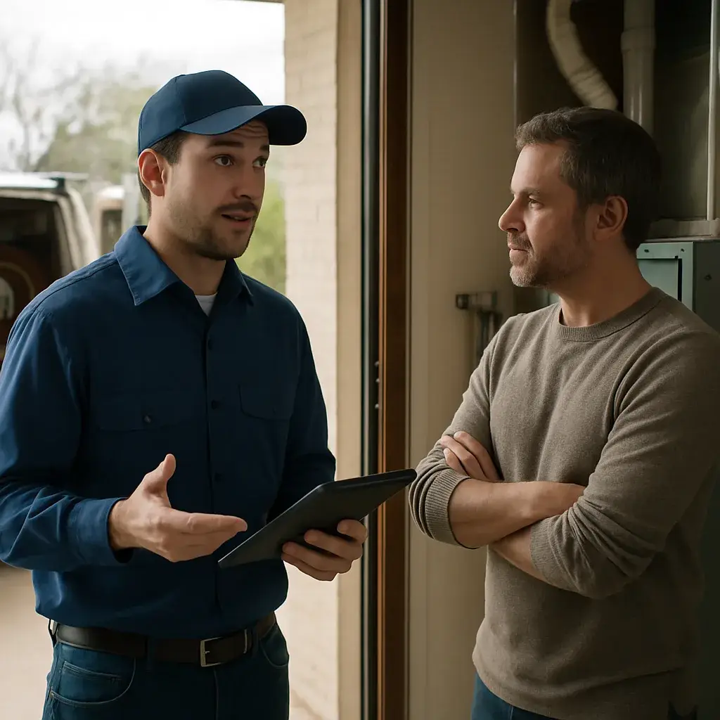 HVAC technician explains heating system repair scope to homeowner at doorway