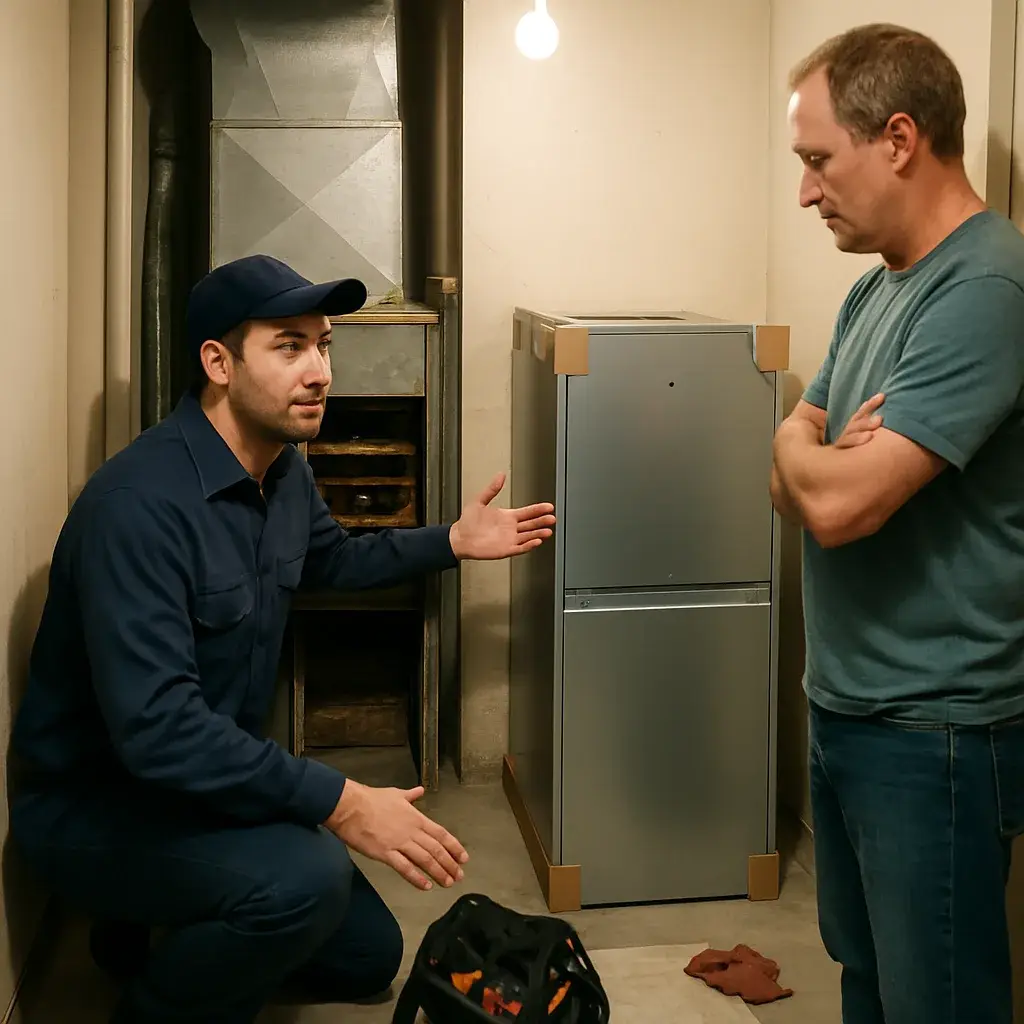 Technician compares old rusted furnace to new unit during Sunnyvale heating repair visit