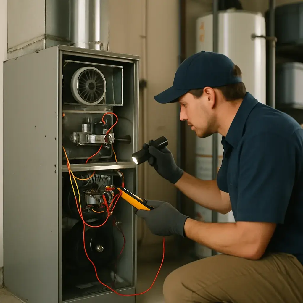 Technician diagnosing a furnace control board during heating repair in Sunnyvale garage