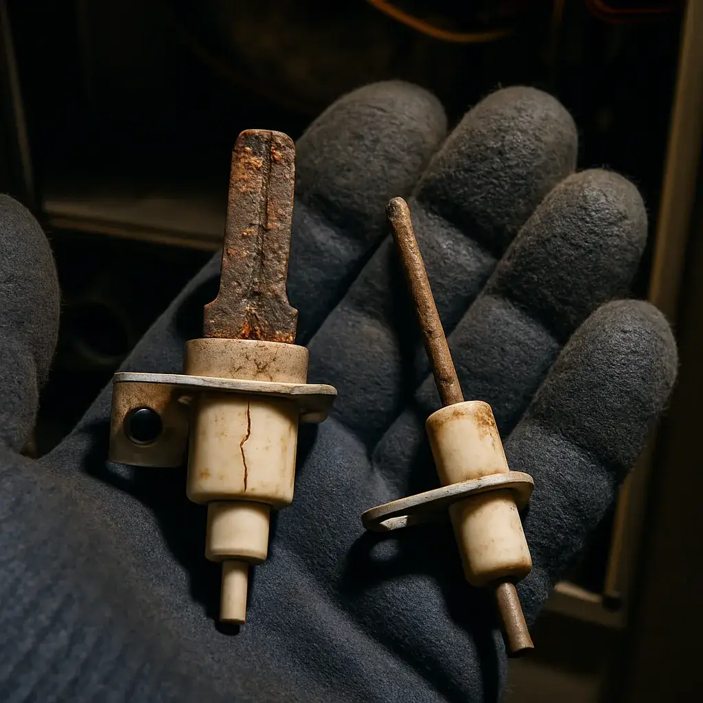 heating-system-repair-corroded-igniter-flame-sensor-cost-driver Corroded furnace igniter part shows why heating system repair costs vary by damage