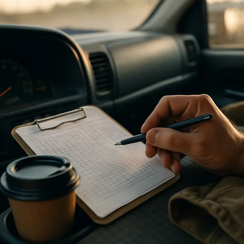 heating-system-repair-service-radius-mileage-log-truck-interior Technician checking mileage log inside work truck for heating repair service radius