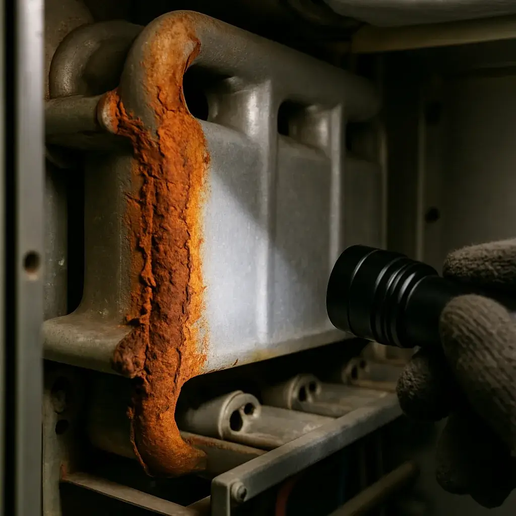 furnace-heat-exchanger-corrosion-repair-vs-replace-detail Corroded furnace heat exchanger section next to intact metal shows repair versus replace wear