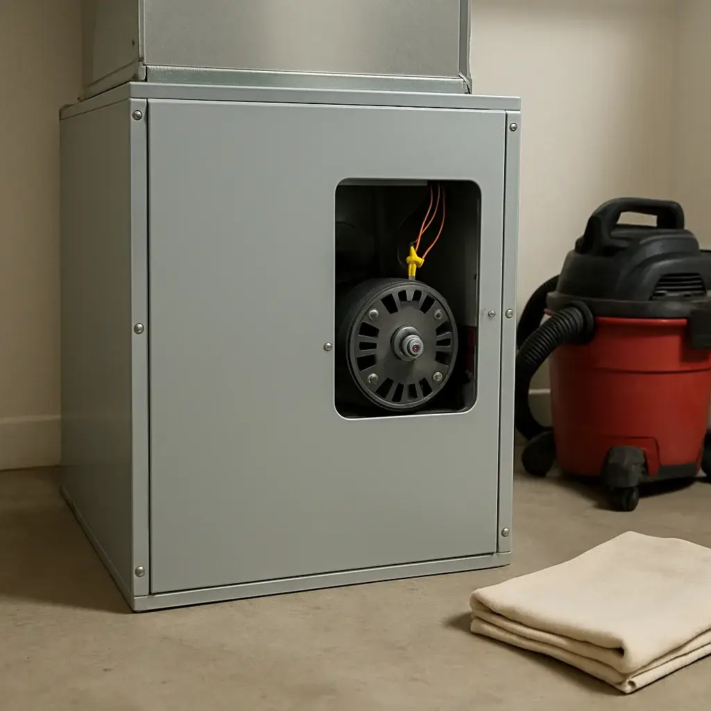 heating-system-repair-furnace-blower-result-sunnyvale Repaired furnace blower compartment after heating system repair in Sunnyvale home