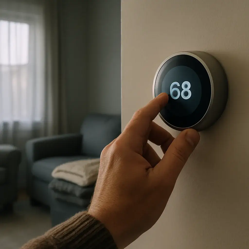 heating-system-repair-thermostat-check-sunnyvale-home Homeowner adjusting thermostat during cold morning before calling for heating repair Sunnyvale