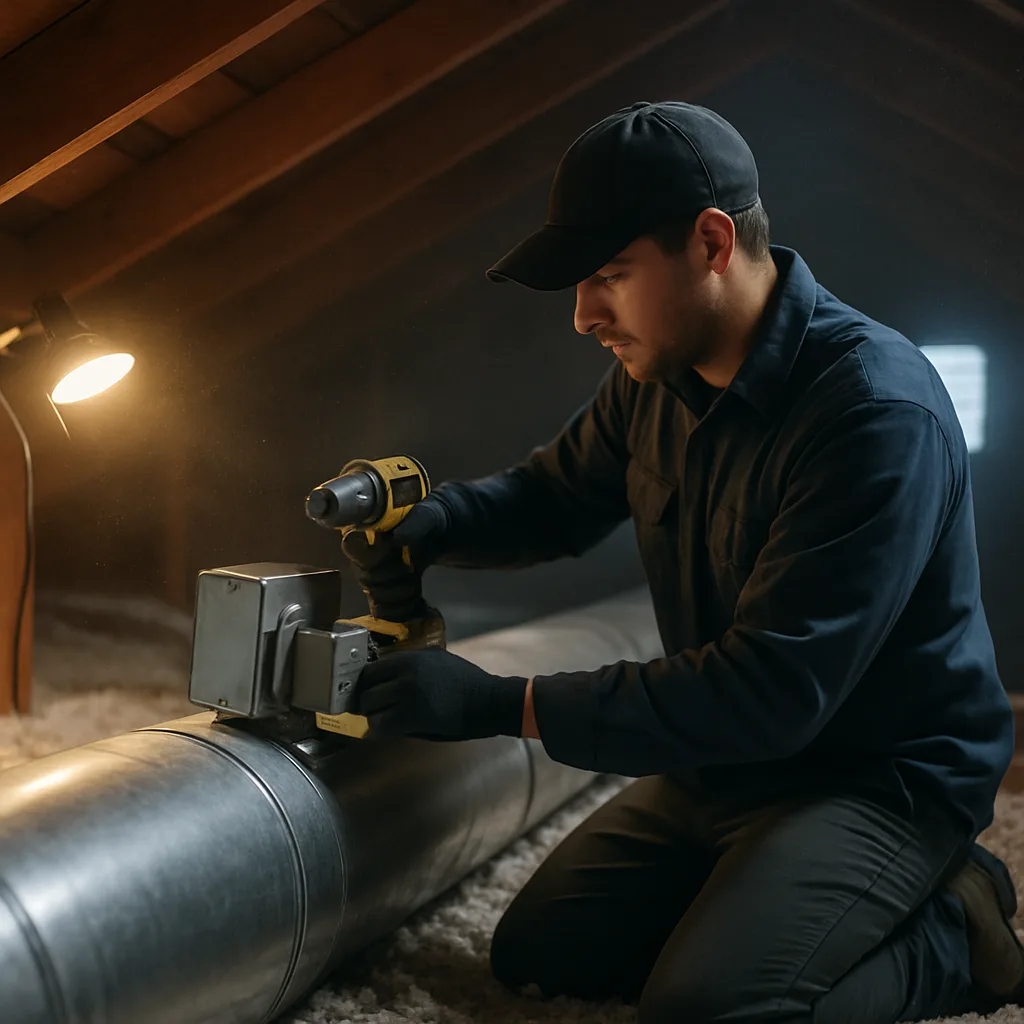 Technician installing heating zoning damper in Sunnyvale home attic ductwork