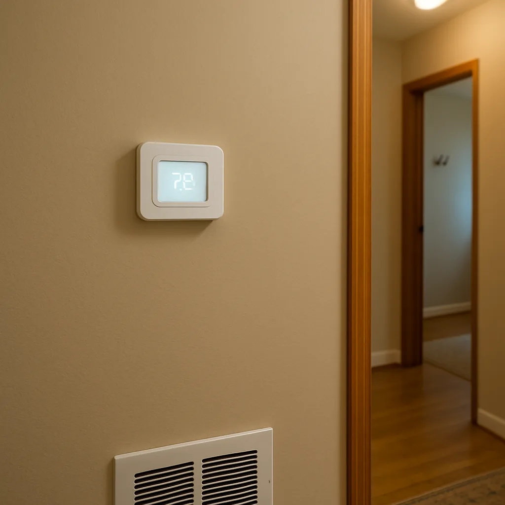 heating-zoning-installation-completed-thermostat-sunnyvale Finished zone thermostat installed on hallway wall after heating zoning installation