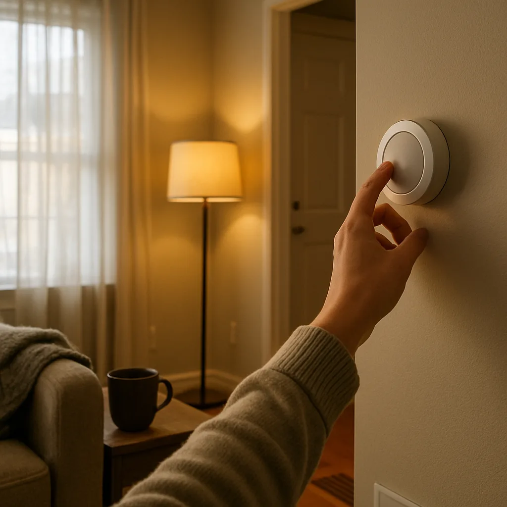 heating-zoning-installation-homeowner-thermostat-sunnyvale Homeowner adjusting thermostat at home after heating zoning installation in Sunnyvale