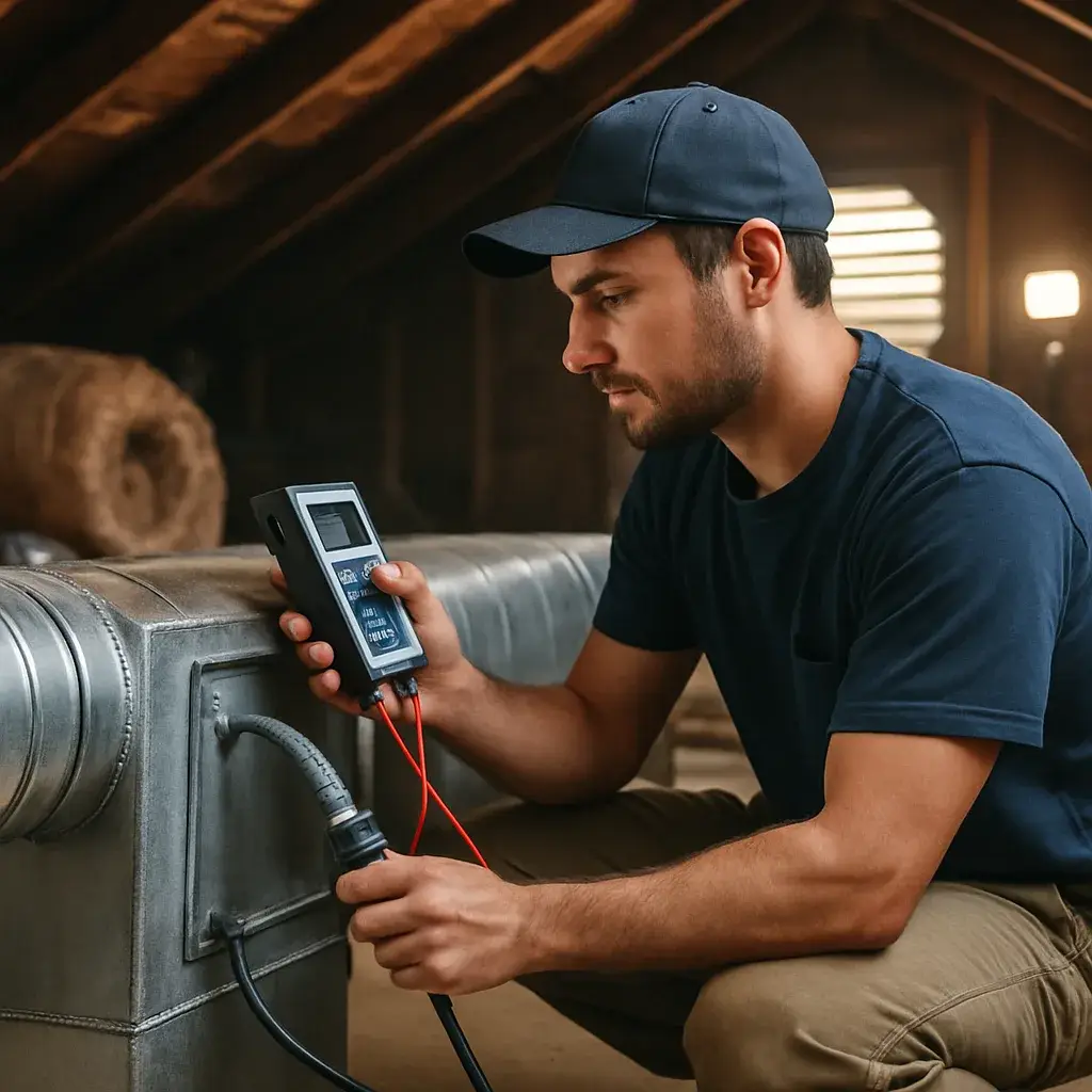 HVAC technician testing ductwork static pressure before HEPA filtration install in Sunnyvale