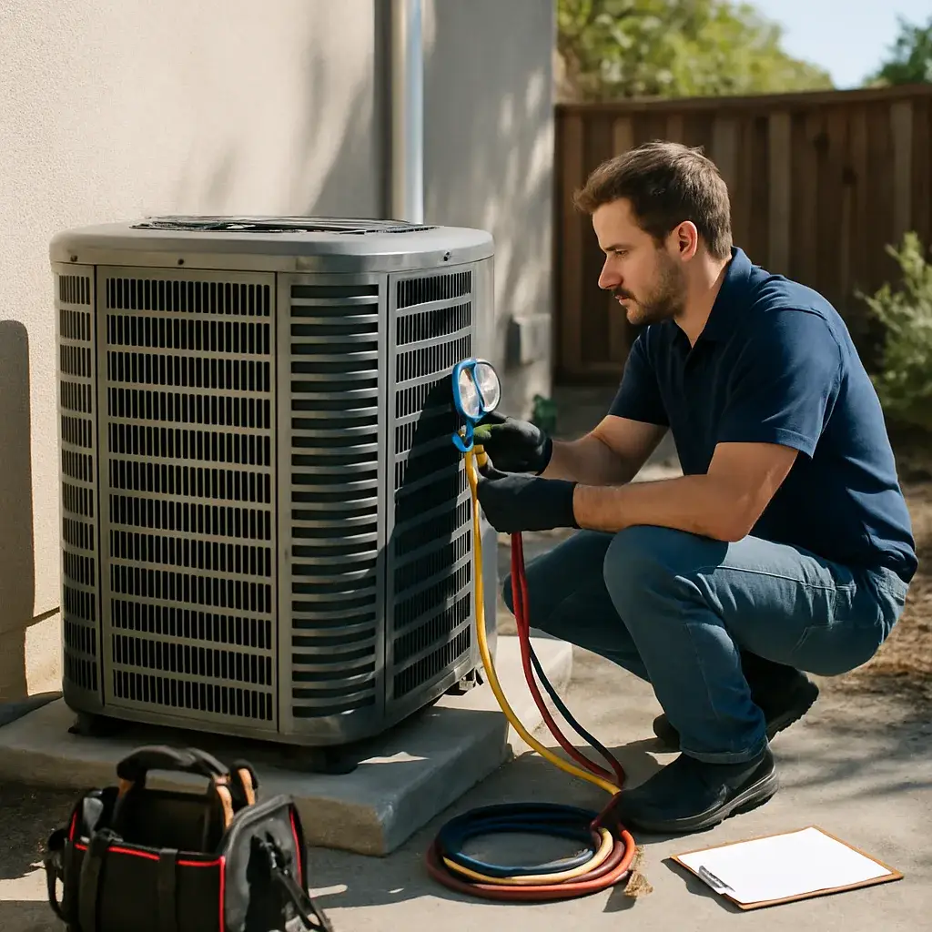 Technician checking refrigerant gauges on high-efficiency AC condenser unit in Sunnyvale home