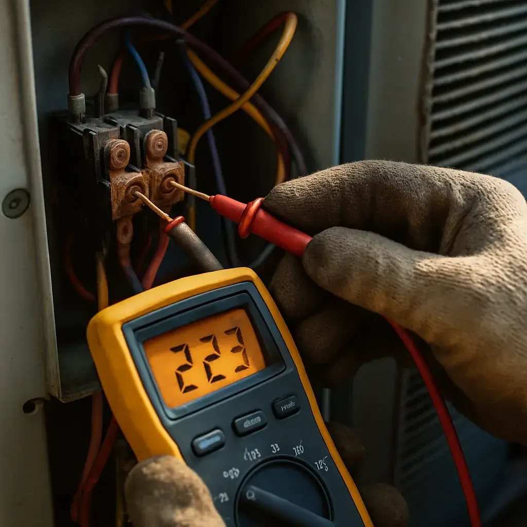 Close-up of technician testing AC unit electrical components during Sunnyvale efficiency upgrade
