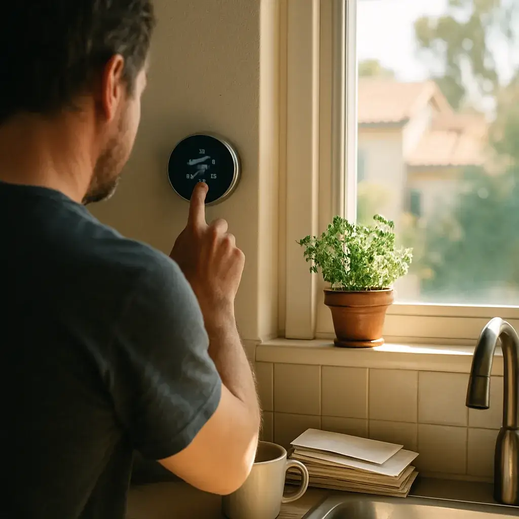 Homeowner adjusting thermostat after high-efficiency AC upgrade in Sunnyvale kitchen