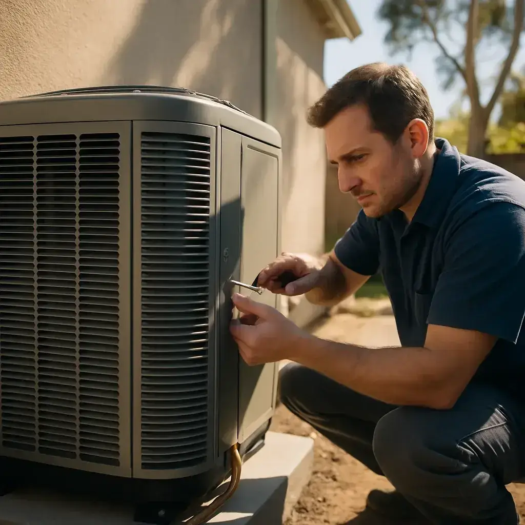 Technician installs high efficiency HVAC condenser unit outside Sunnyvale home