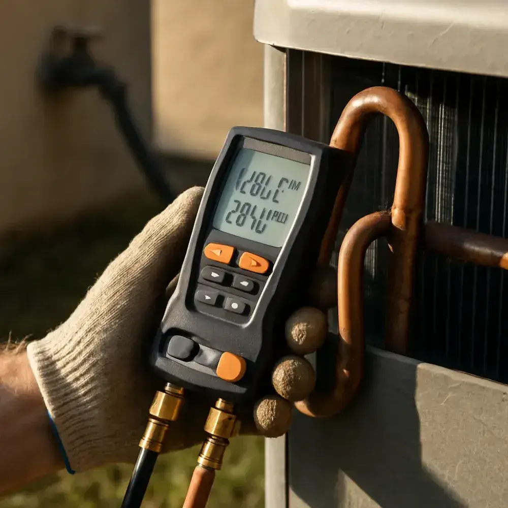hvac-refrigerant-pressure-check-condenser-sunnyvale Gauge reading refrigerant pressure on high efficiency HVAC unit in Sunnyvale