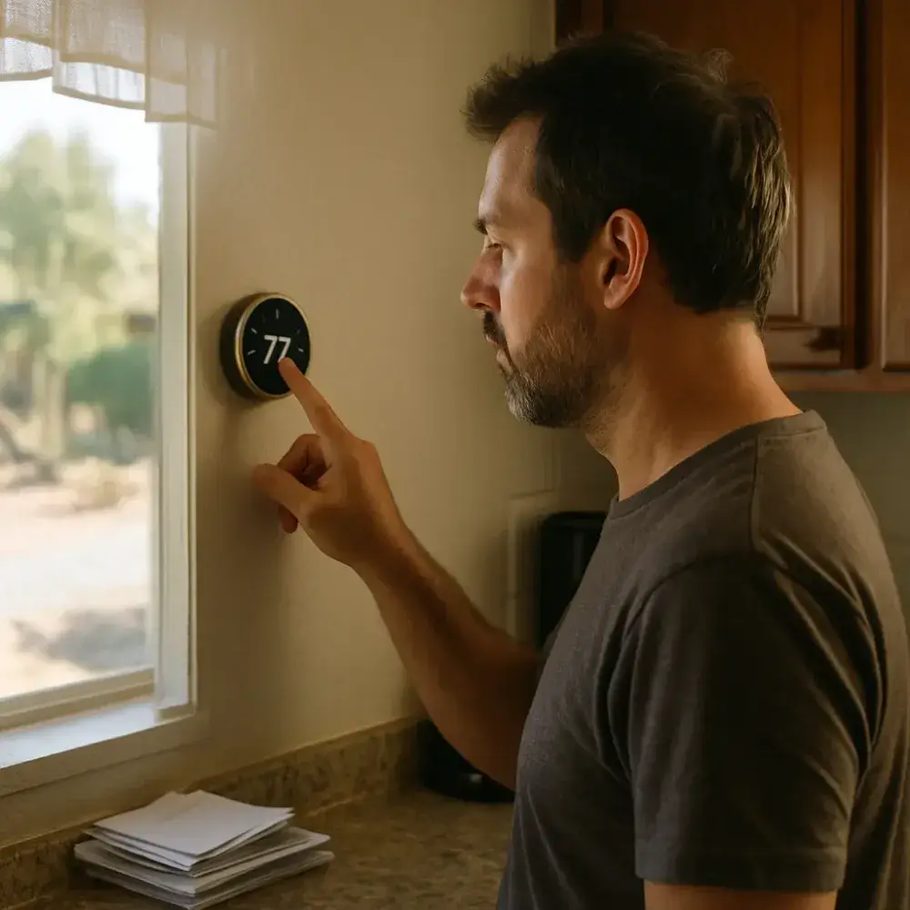 homeowner-thermostat-high-efficiency-hvac-sunnyvale Homeowner adjusts thermostat after high efficiency HVAC upgrade in Sunnyvale