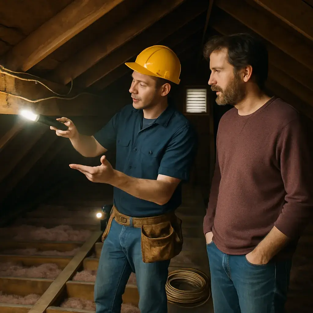 Electrician showing homeowner old wiring during home rewiring job in Sunnyvale attic