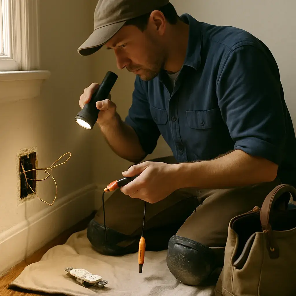 Electrician inspecting ungrounded outlet wiring during home rewiring check in Sunnyvale