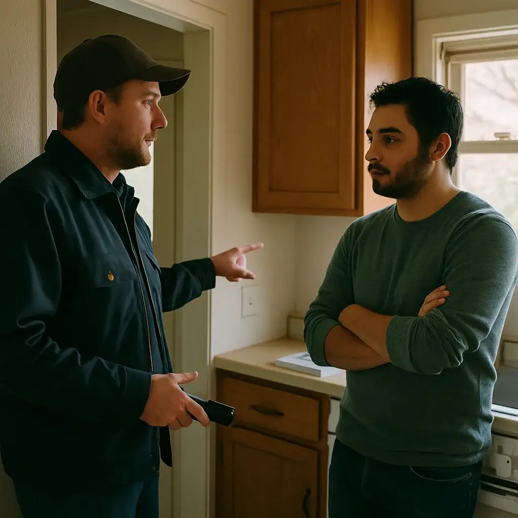 HVAC contractor discusses a single bad outlet with a homeowner in Sunnyvale kitchen