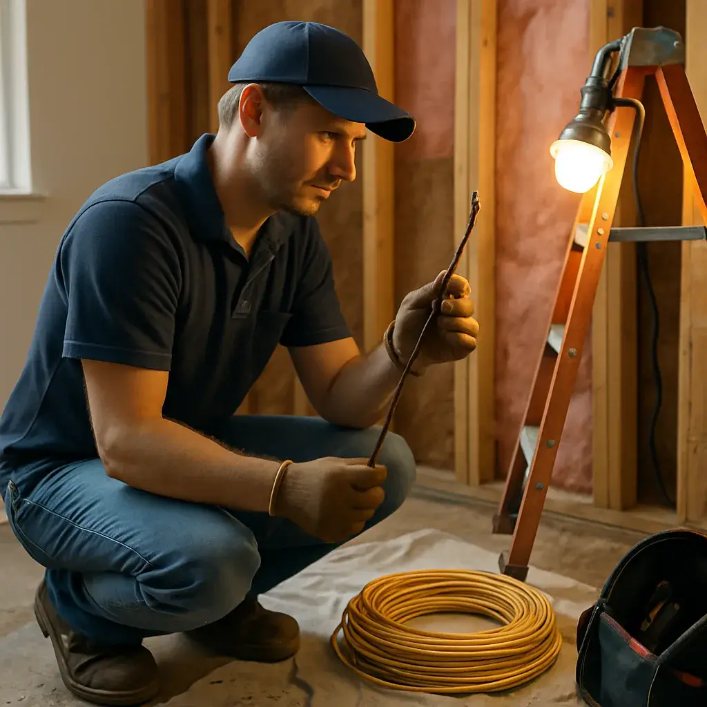 Electrician comparing old and new home wiring during rewiring job in Sunnyvale