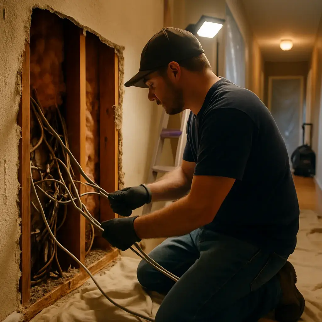 Technician rewiring exposed wall wiring during home rewiring service in Sunnyvale