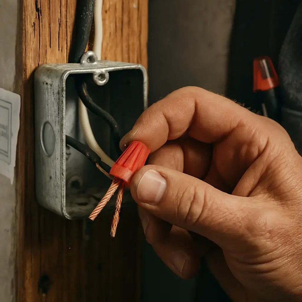 Close-up of hand twisting wire nut during electrical rewiring in Sunnyvale home