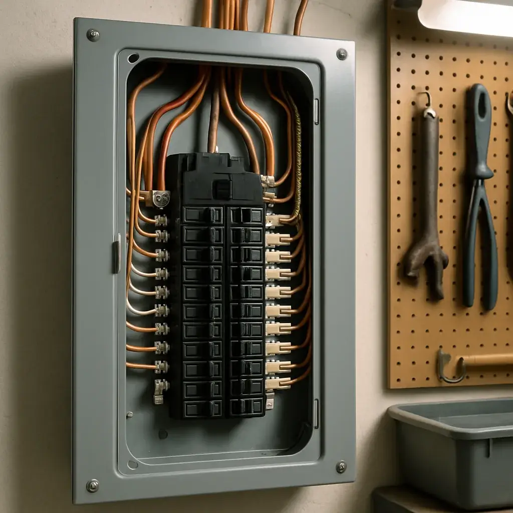 Finished electrical panel with labeled breakers after home rewiring in Sunnyvale