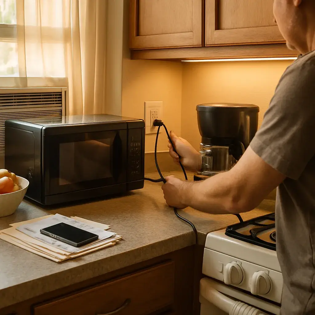 Homeowner using kitchen outlet safely after home rewiring in Sunnyvale