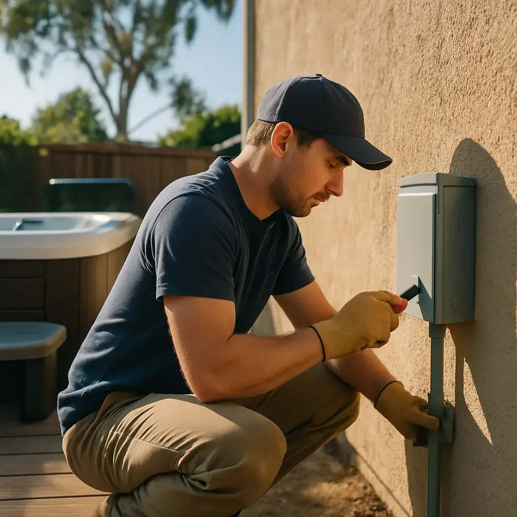 Electrician inspecting outdoor spa disconnect panel during hot tub wiring in Sunnyvale