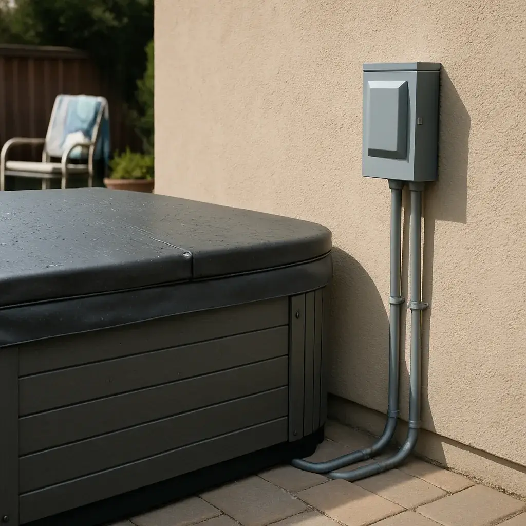 hot-tub-wiring-completed-installation-sunnyvale-backyard Completed hot tub spa wiring installation with disconnect box in Sunnyvale backyard