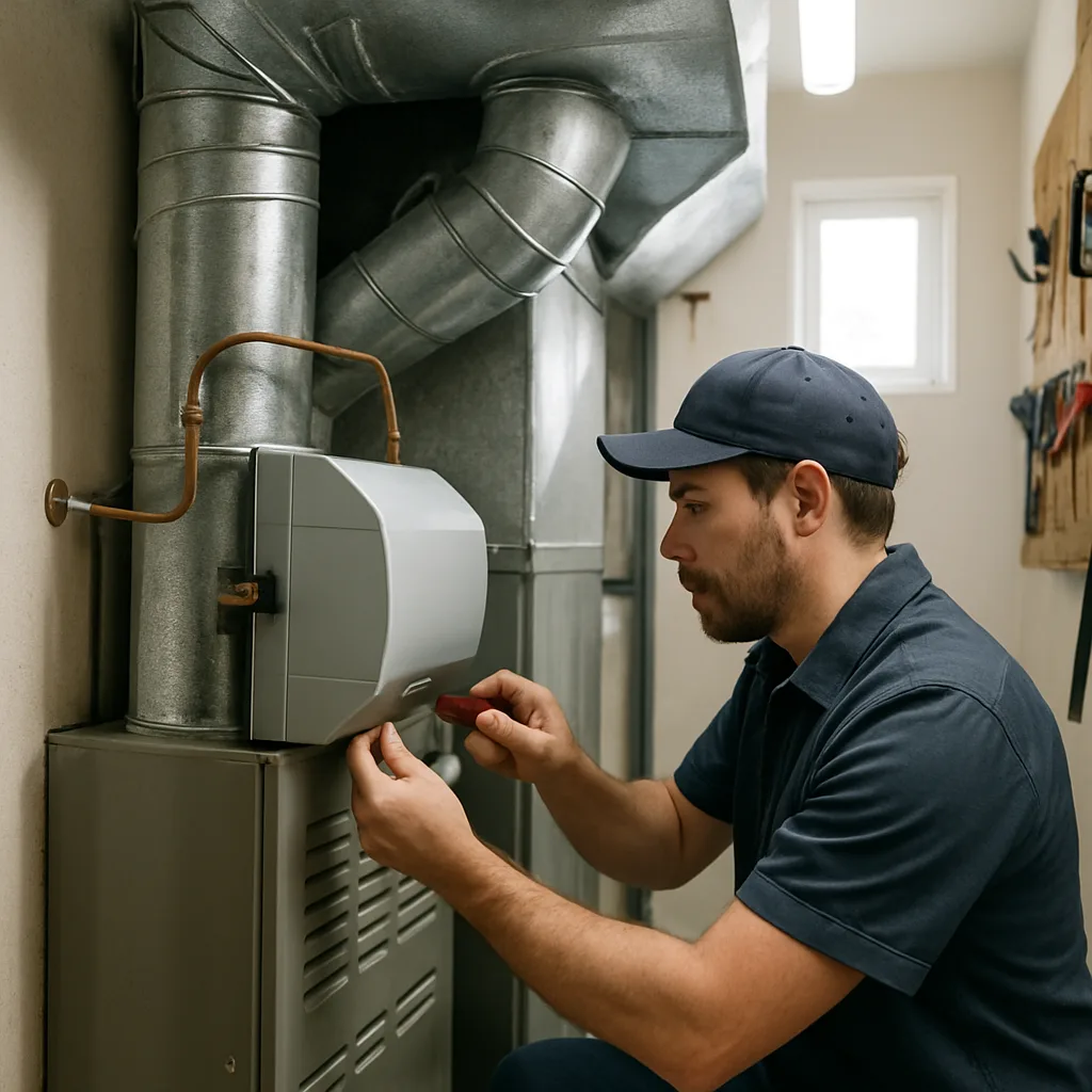 Technician installing whole-building humidifier on furnace ductwork in Sunnyvale building
