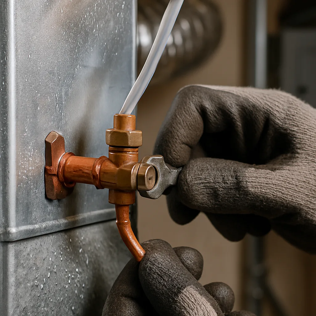 humidifier-saddle-valve-connection-detail-sunnyvale Close-up of copper valve connection on humidifier unit during Sunnyvale installation