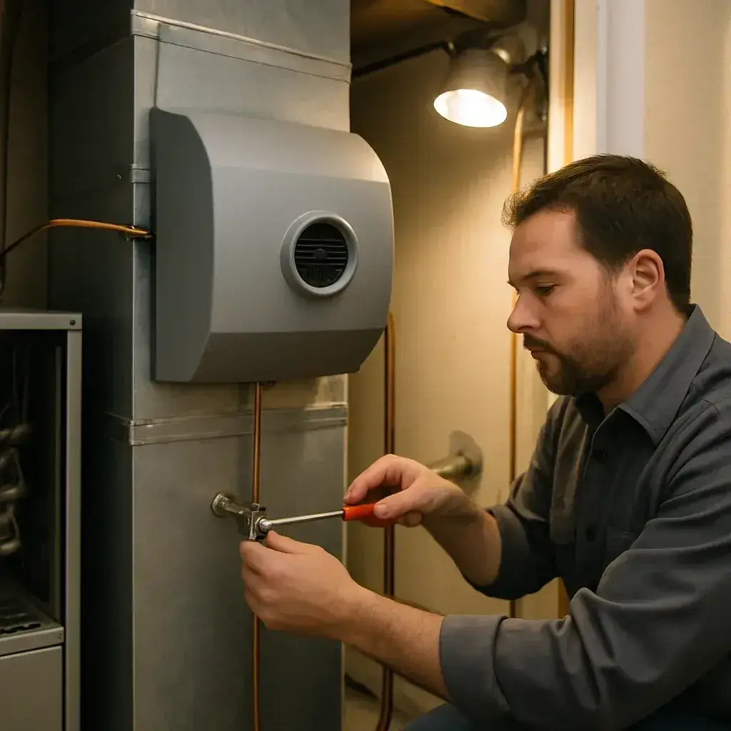 Technician installing whole-house humidifier on furnace ductwork in Sunnyvale home
