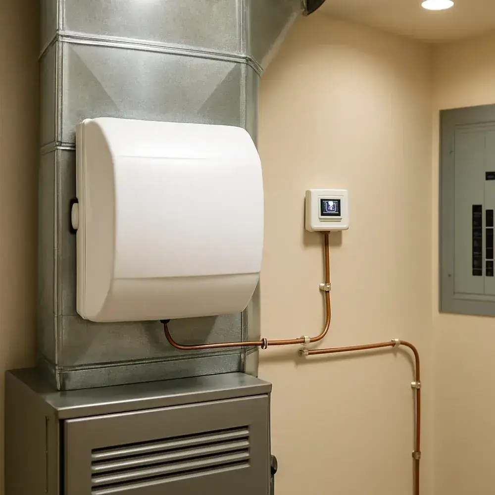 completed-humidifier-installation-result-sunnyvale Finished whole-house humidifier installation with digital humidistat in Sunnyvale home