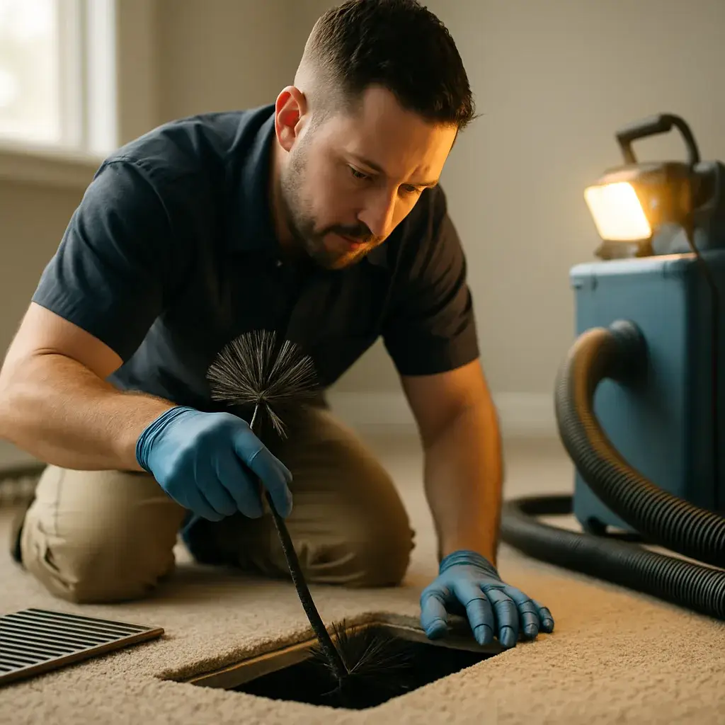 Technician cleaning HVAC duct vent with rotary brush tool in Sunnyvale home