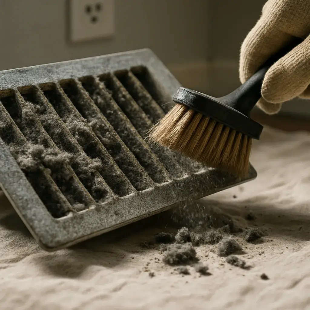 Close-up of dust removal from HVAC vent cover during Sunnyvale duct cleaning